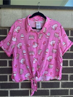 Pusheen Pink Dessert Print Button-Up Shirt - Size XL